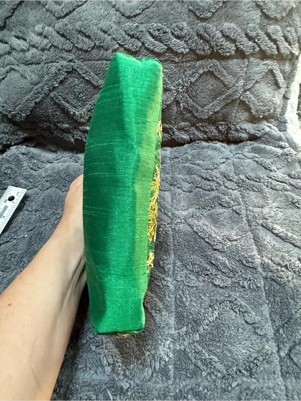 Green Embroidered Evening Bag with Gold Accents 7 x 9”